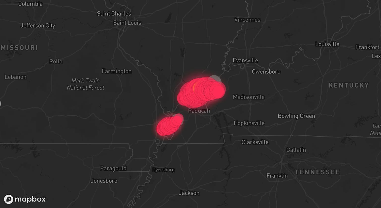 Storm map for 4 areas across Illinois, Missouri, and Kentucky
