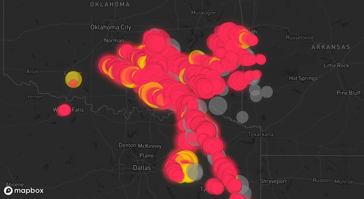 Storm map for 64 areas across Oklahoma, Texas, and Arkansas