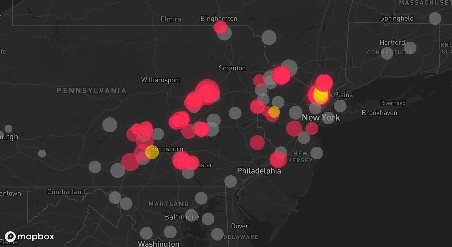 Storm map for 48 areas across New York, Pennsylvania, Virginia, New Jersey, West Virginia, Connecticut, Maryland, Delaware, and Massachusetts