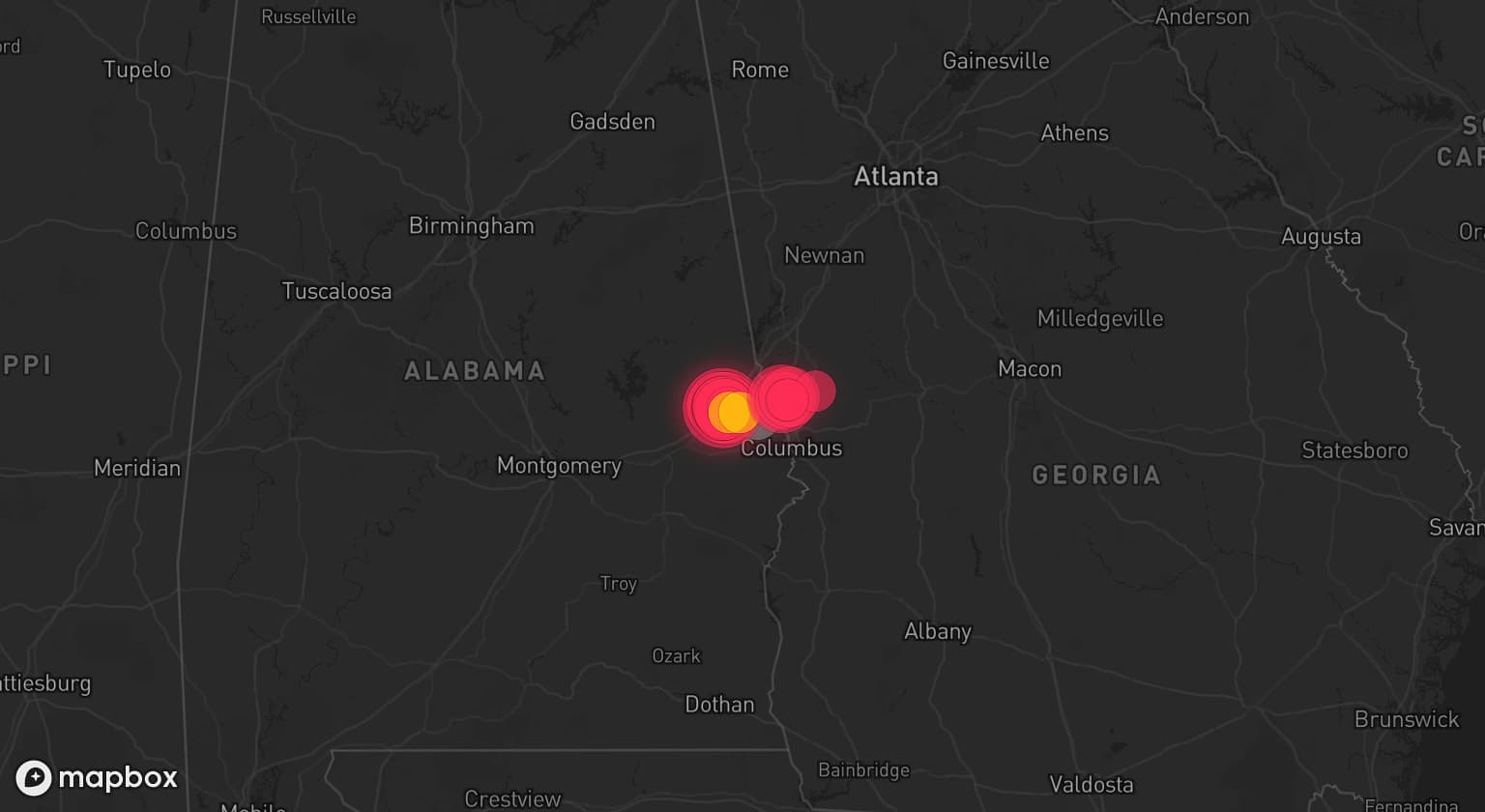 Storm map for 2 areas across Alabama and Georgia