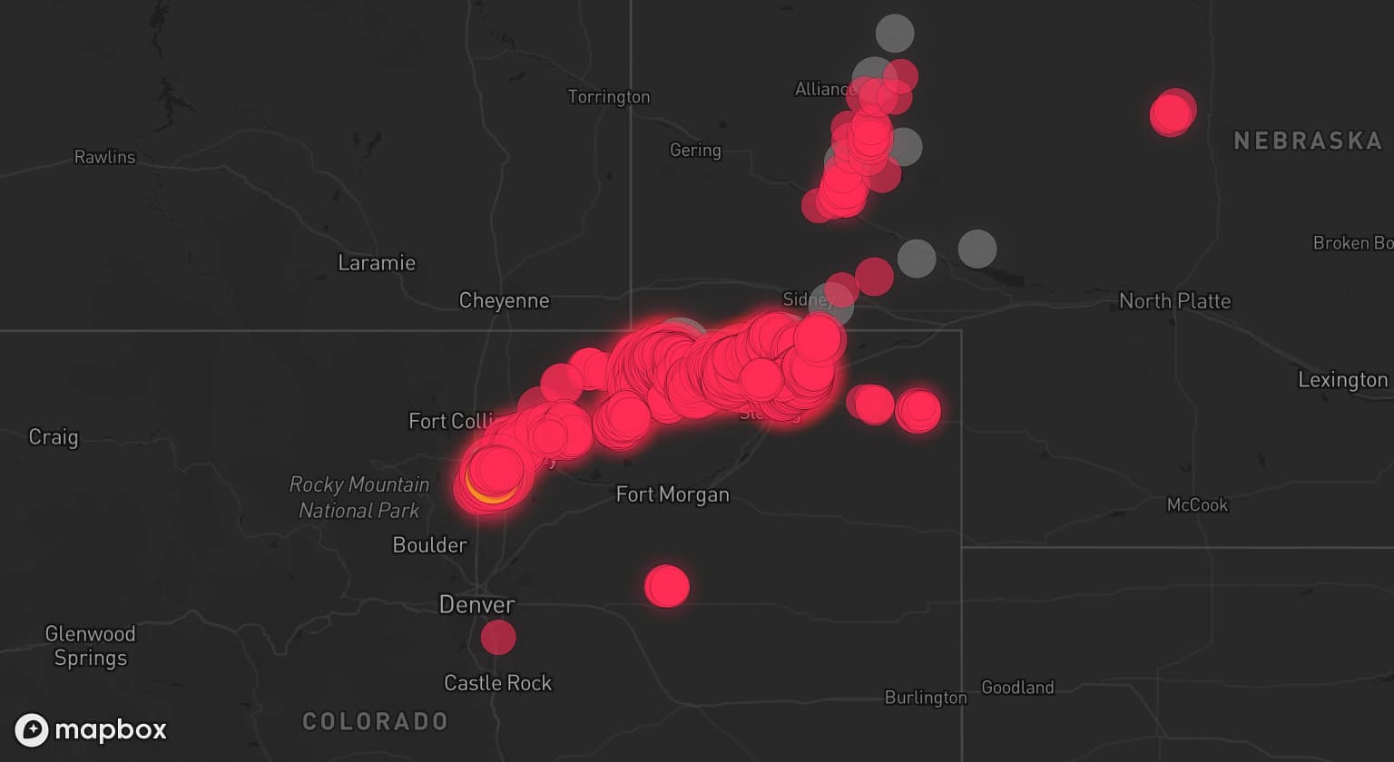 Storm map for 12 areas across Colorado and Nebraska