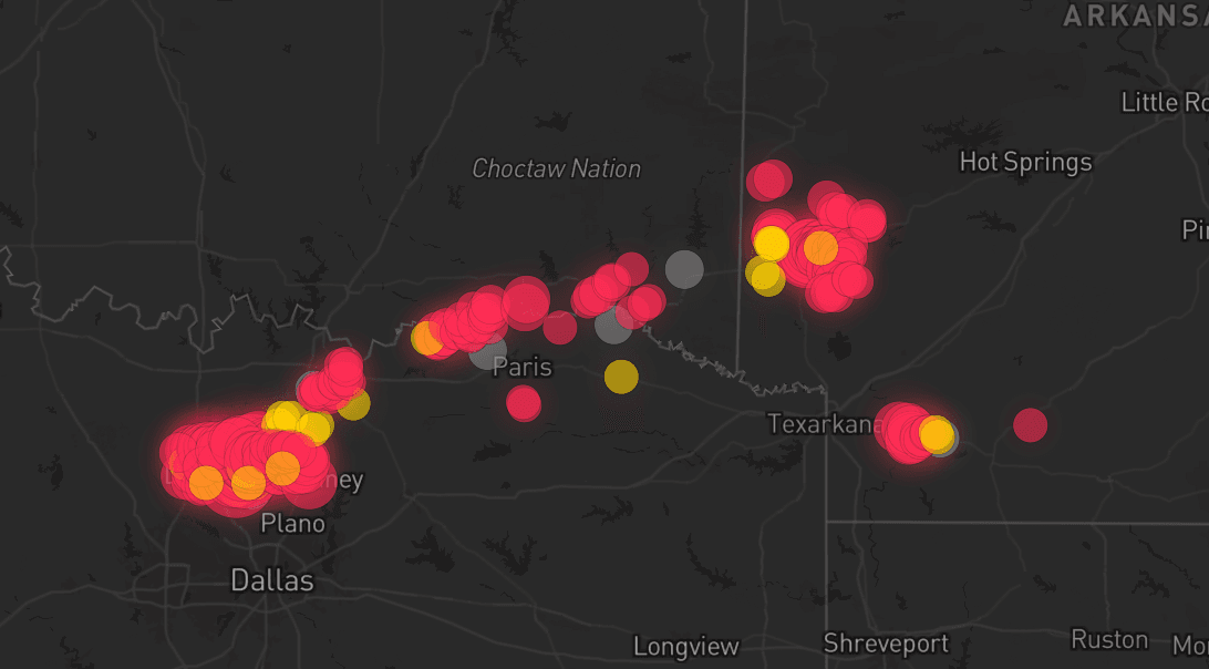 Storm map for 9 areas across Texas, Oklahoma, and Arkansas