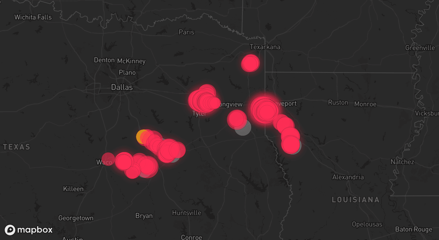 Storm map for 6 areas across Texas and Louisiana