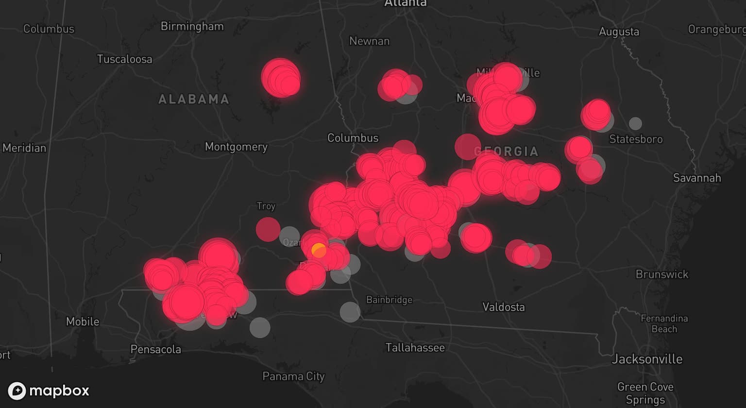 Storm map for 40 areas across Florida, Georgia, and Alabama