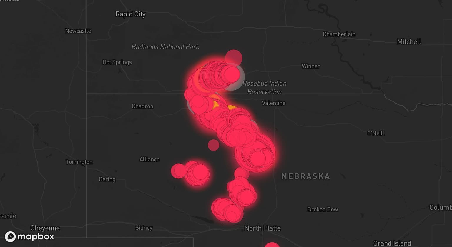 Storm map for 8 areas across South Dakota and Nebraska