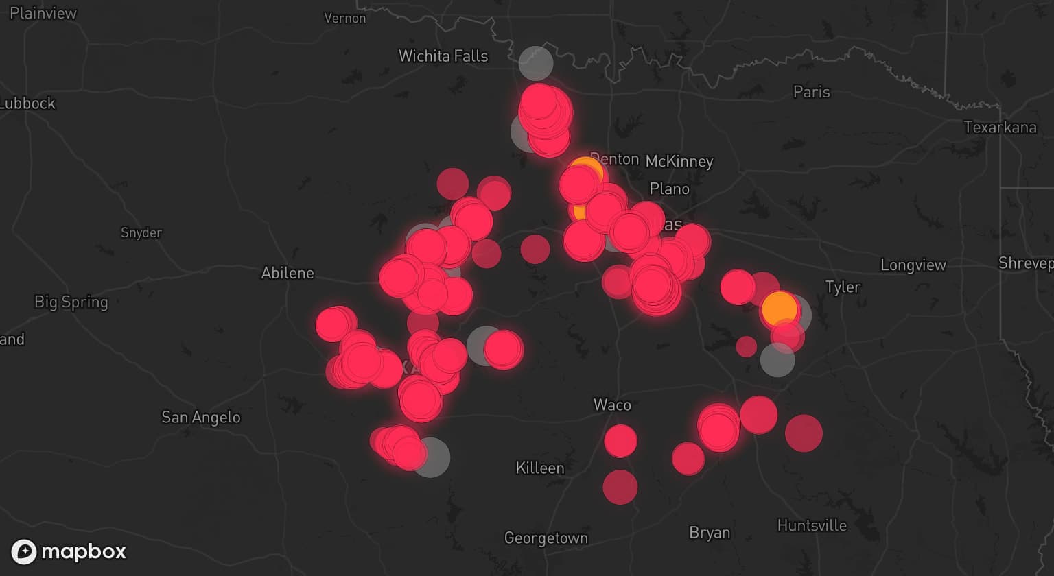 Storm map for 14 areas across Texas