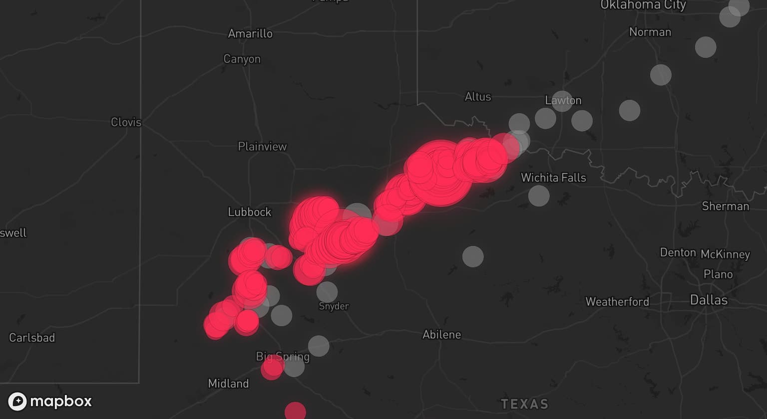 Storm map for 27 areas across Texas and Oklahoma