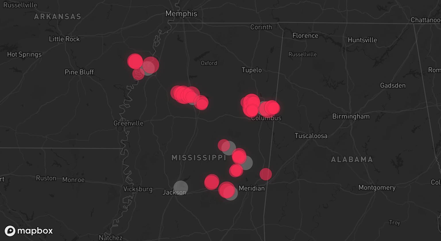 Storm map for 7 areas across Mississippi