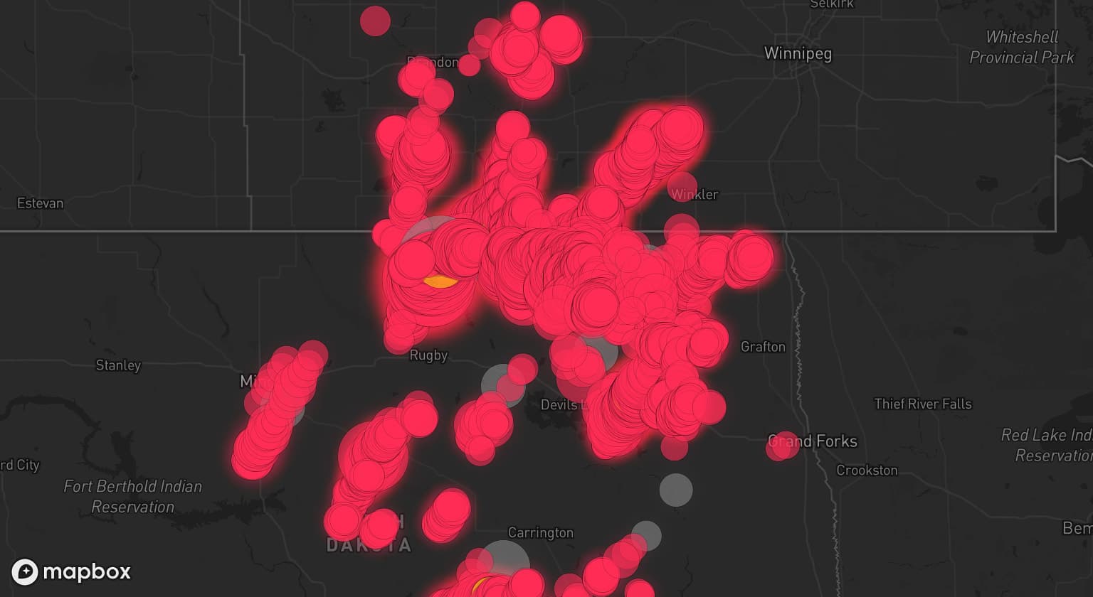 Storm map for 21 areas across North Dakota