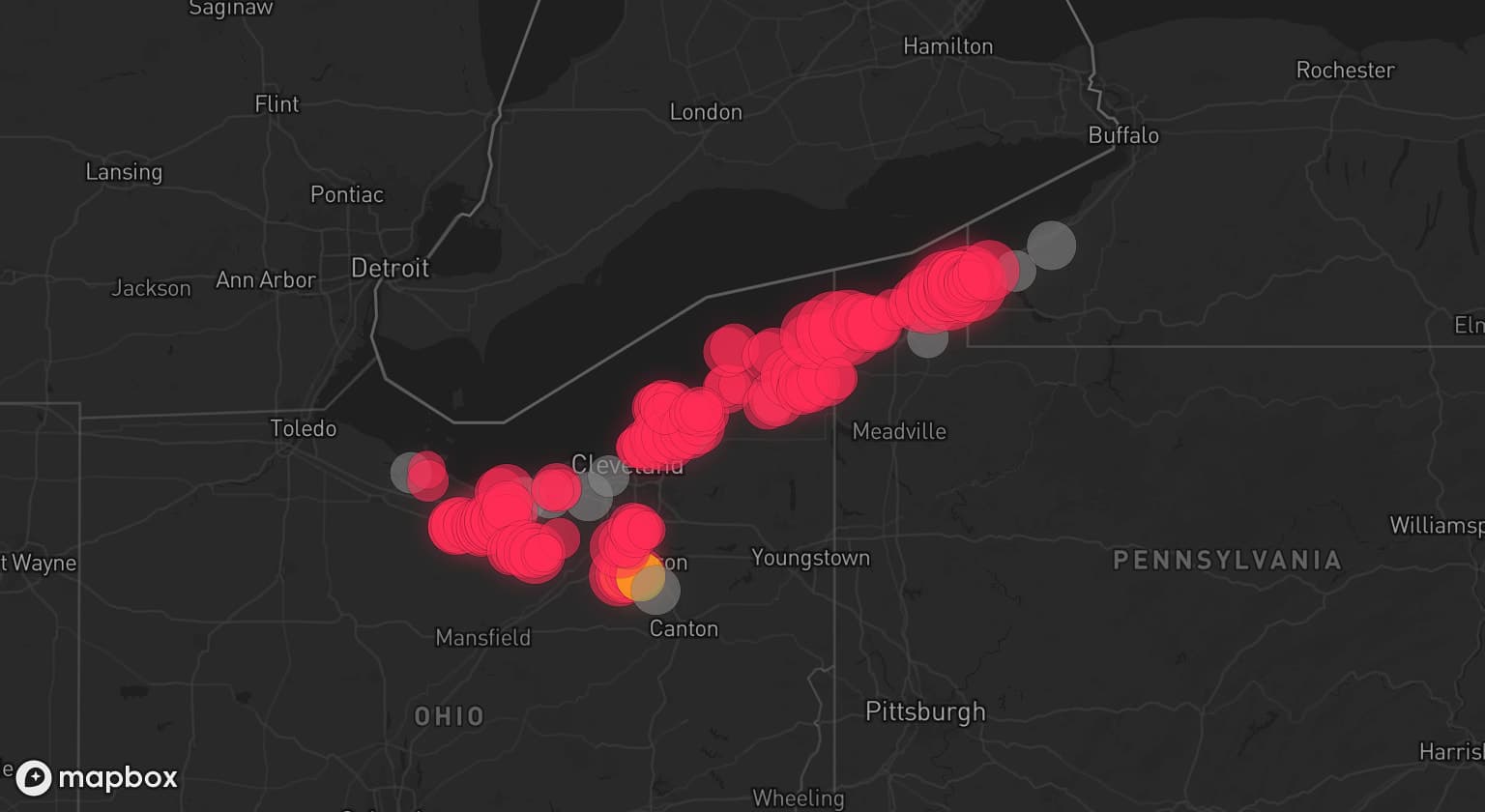 Storm map for 15 areas across Ohio, New York, and Pennsylvania