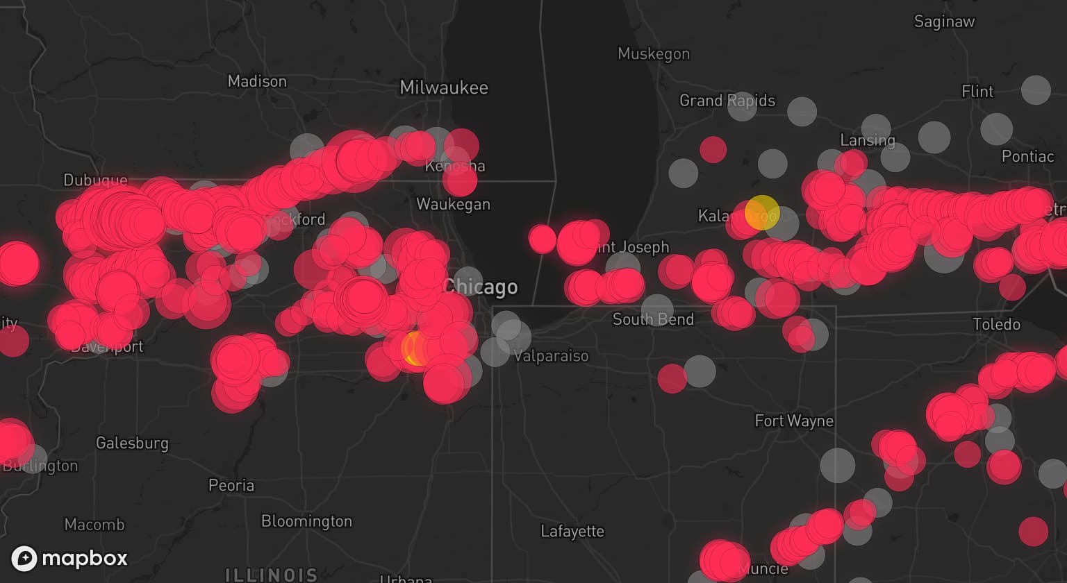 Storm map for 79 areas across Ohio, Michigan, Illinois, Wisconsin, Indiana, and Iowa
