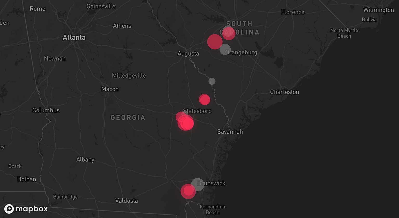 Storm map for 7 areas across Georgia and South Carolina