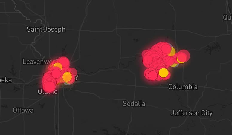 Storm map for 4 areas across Missouri
