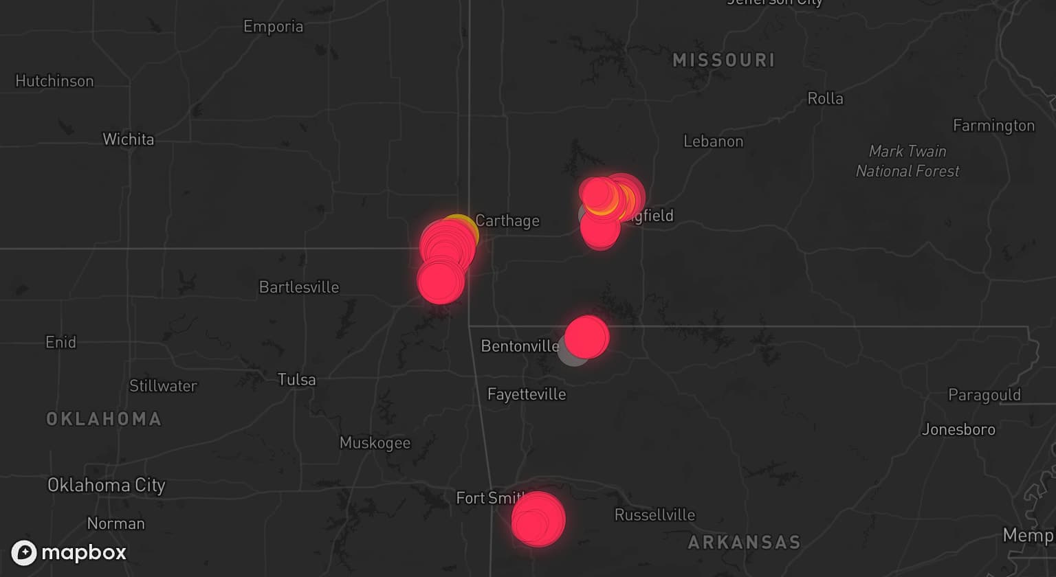 Storm map for 7 areas across Kansas, Missouri, Oklahoma, and Arkansas
