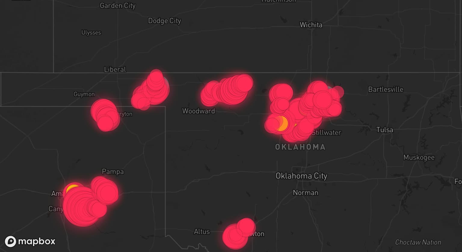Storm map for 14 areas across Texas and Oklahoma
