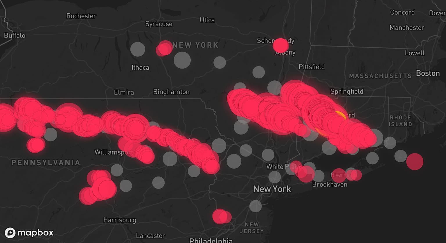 Storm map for 54 areas across Connecticut, New York, Pennsylvania, New Jersey, and Rhode Island