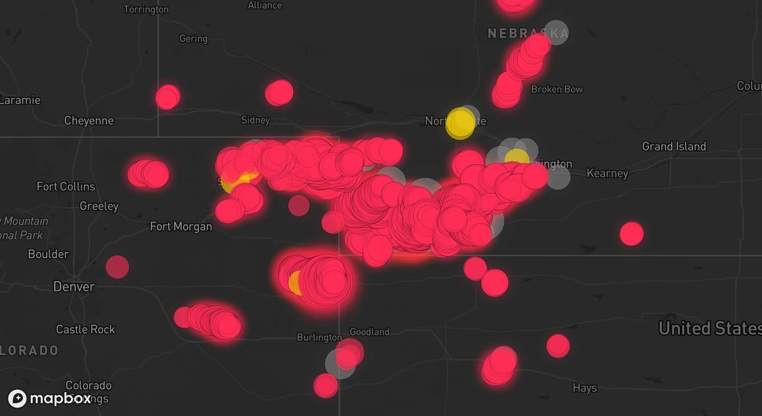 Storm map for 21 areas across Nebraska, Kansas, and Colorado