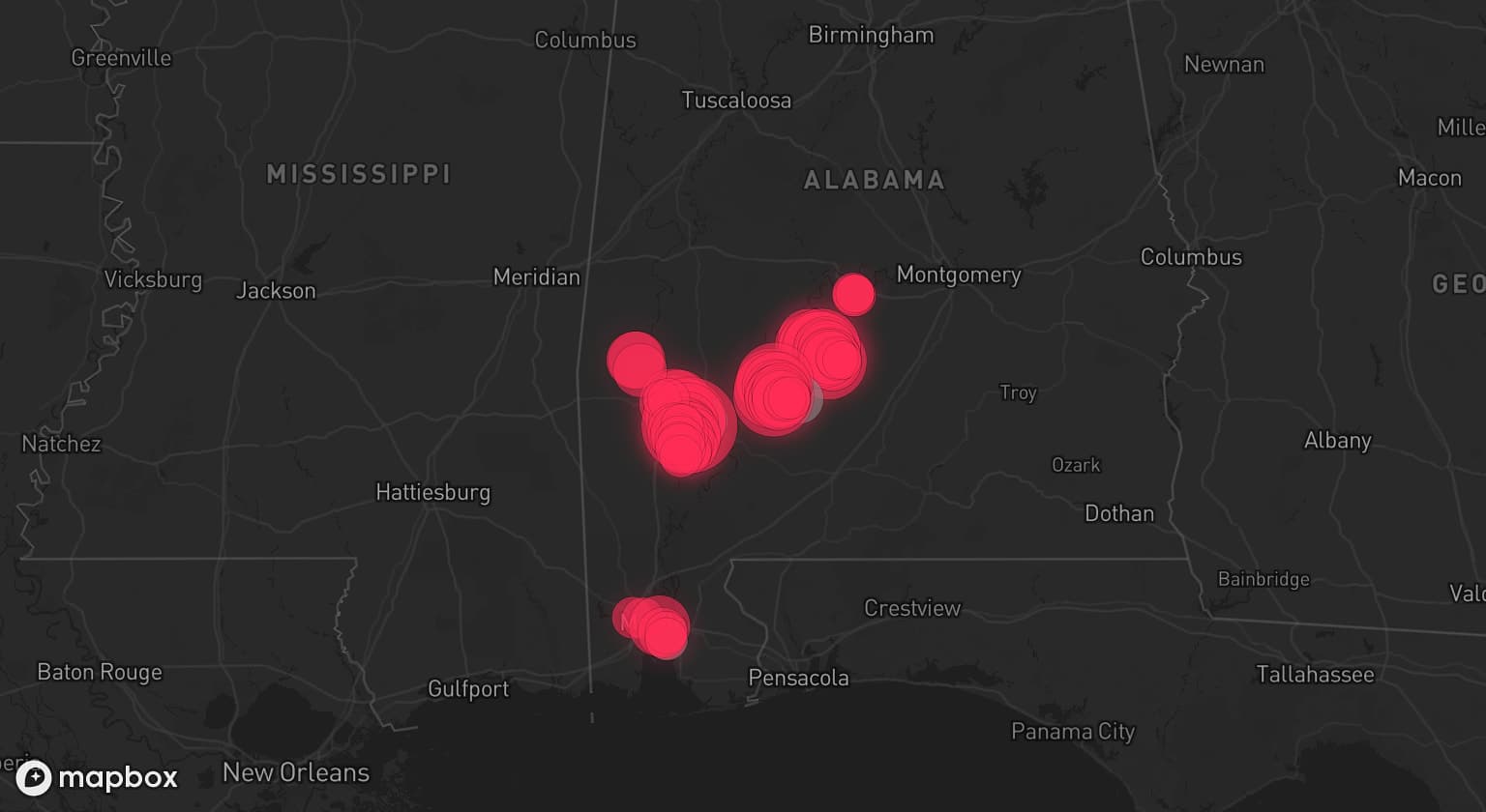 Storm map for 4 areas across Alabama