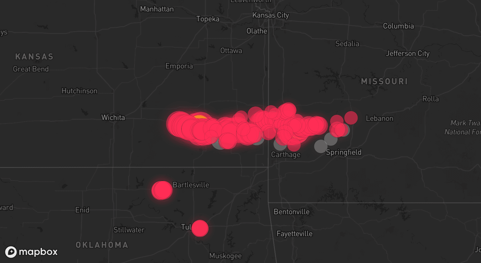 Storm map for 13 areas across Kansas and Missouri