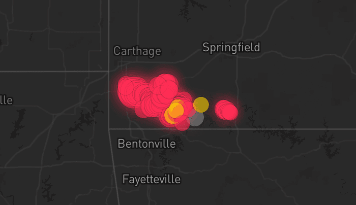 Storm map for 2 areas across Missouri