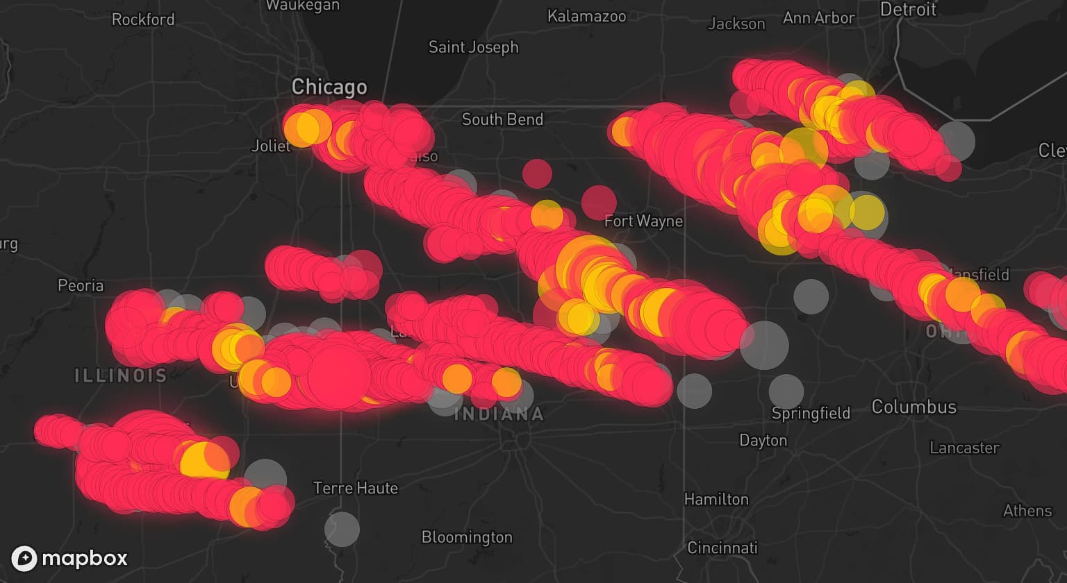 Storm map for 8 areas across Illinois, Ohio, Indiana, US, and Michigan