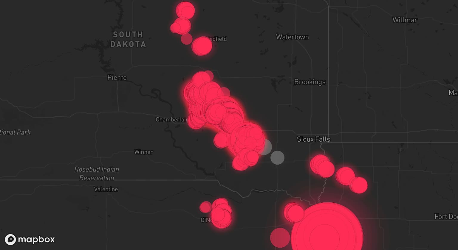Storm map for 6 areas across South Dakota