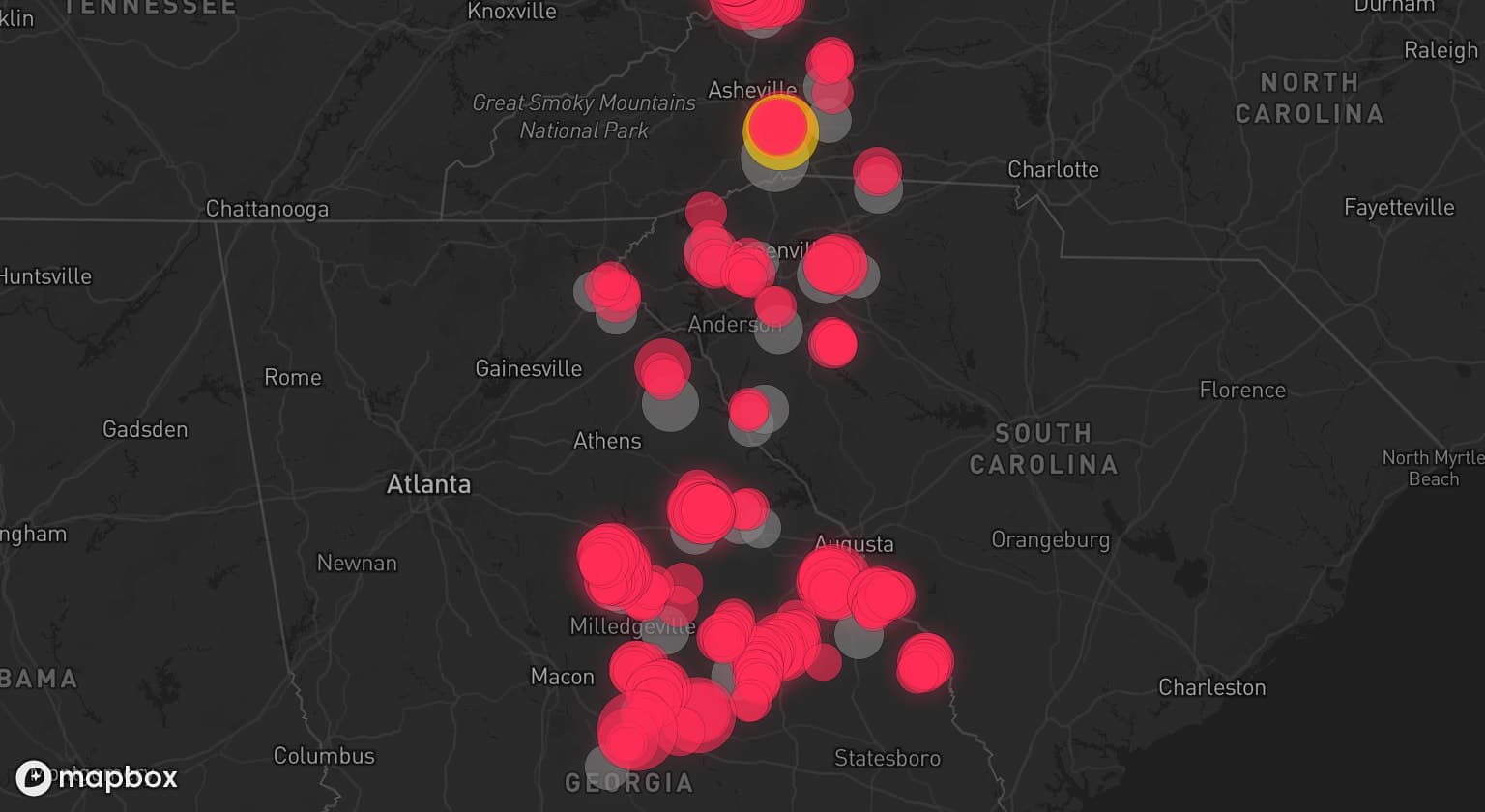 Storm map for 32 areas across North Carolina, South Carolina, Georgia, and Tennessee