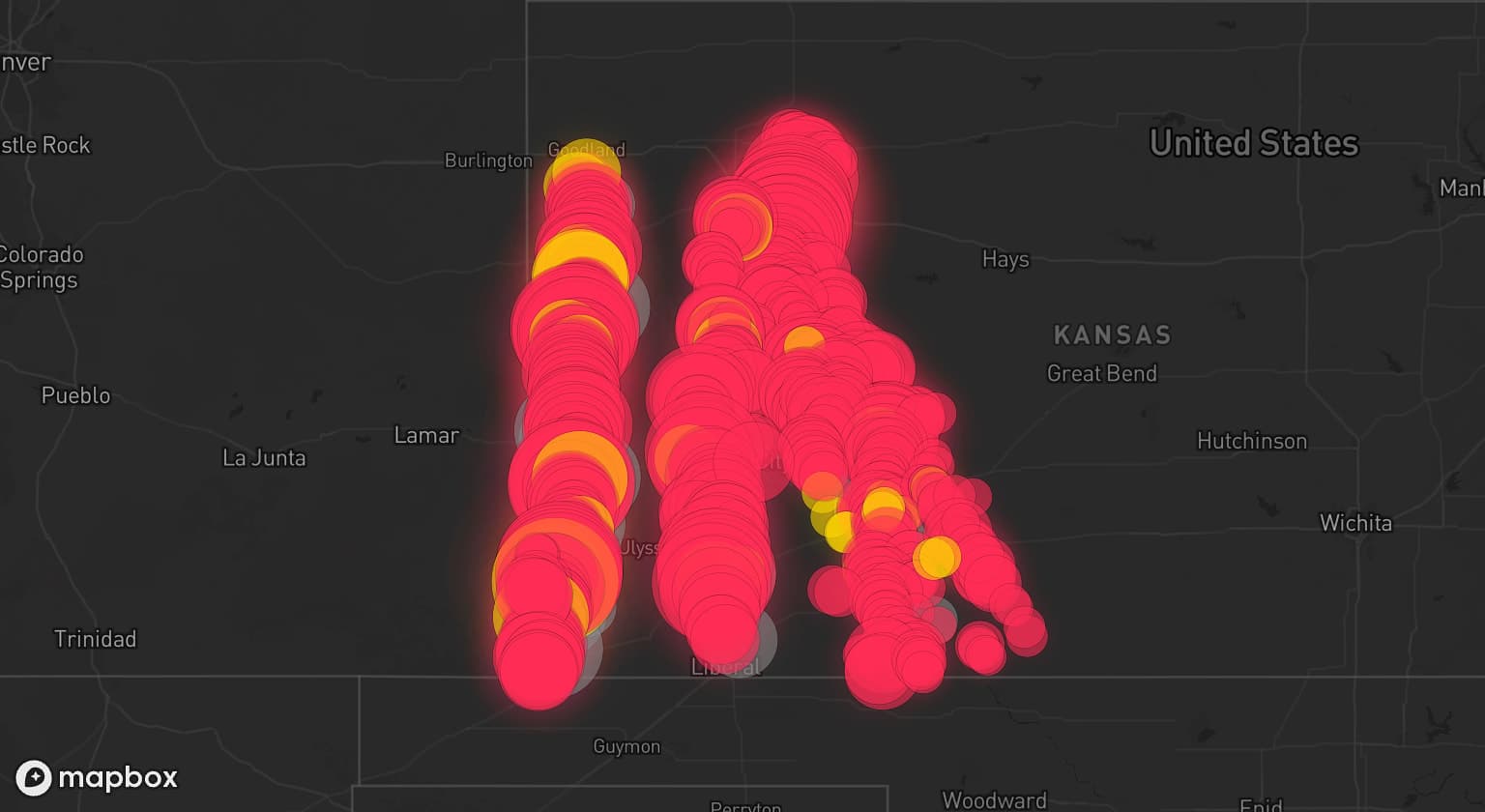 Storm map for 20 areas across Kansas