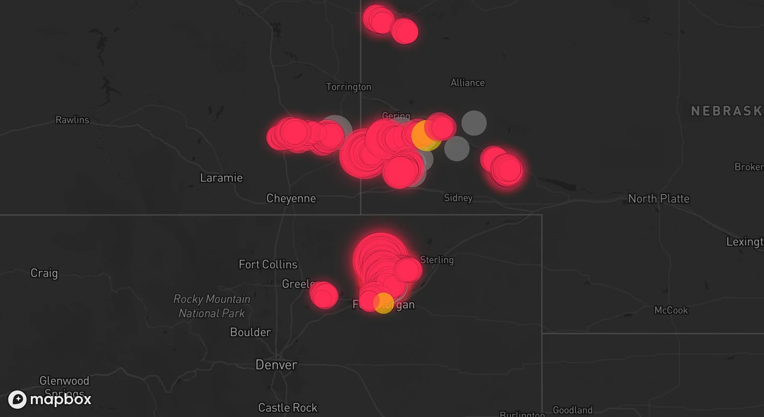 Storm map for 11 areas across Colorado, Wyoming, and Nebraska