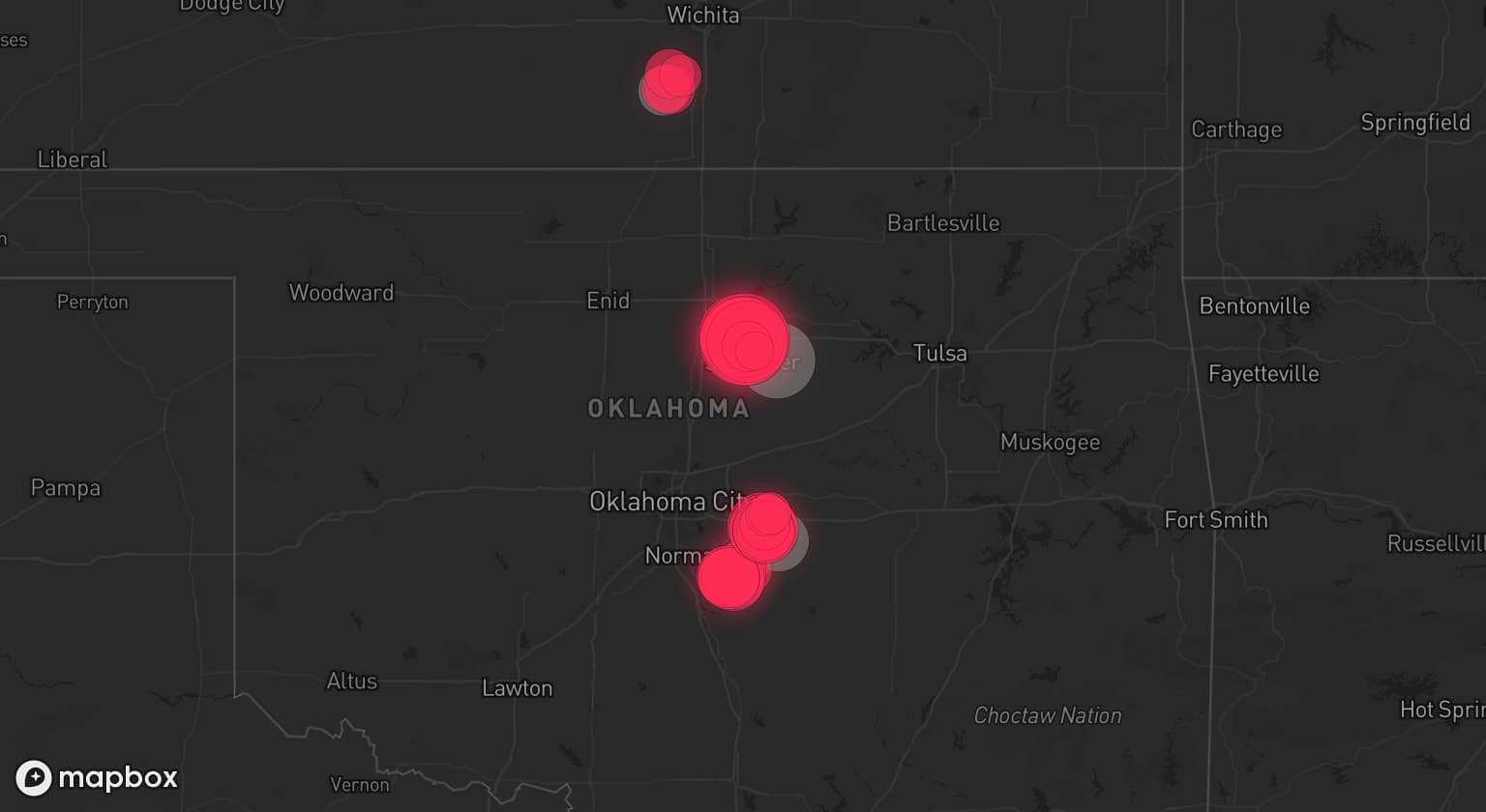 Storm map for 6 areas across Oklahoma and Kansas