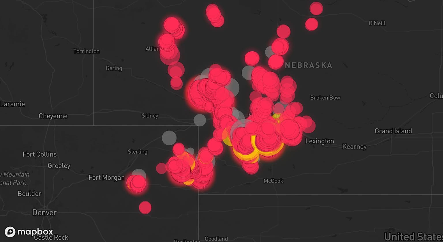 Storm map for 18 areas across Nebraska and Colorado