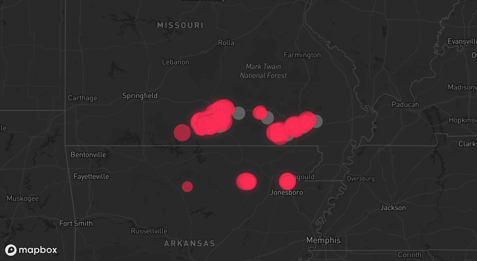 Storm map for 7 areas across Missouri