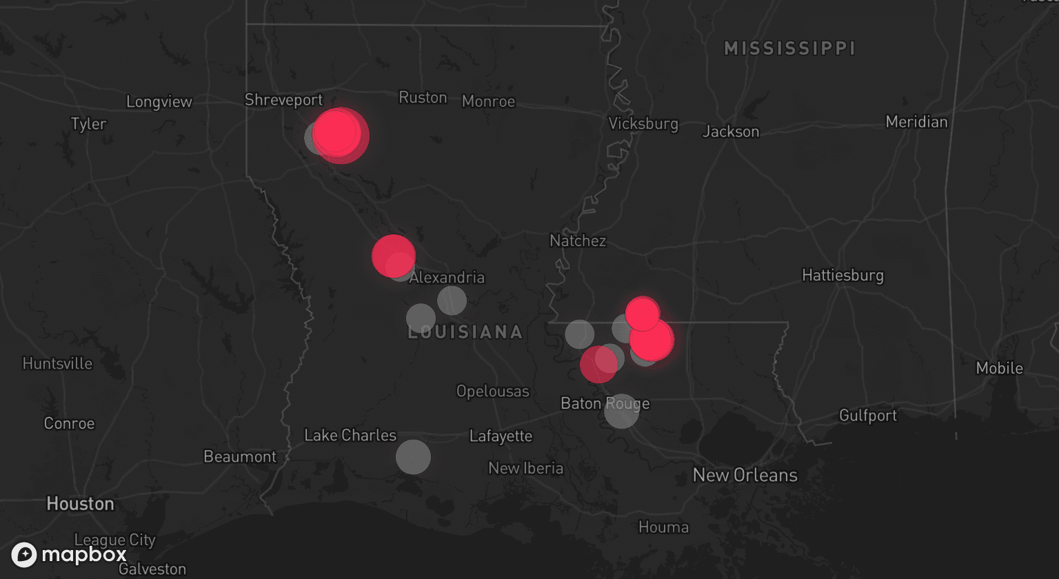 Storm map for 10 areas across Louisiana