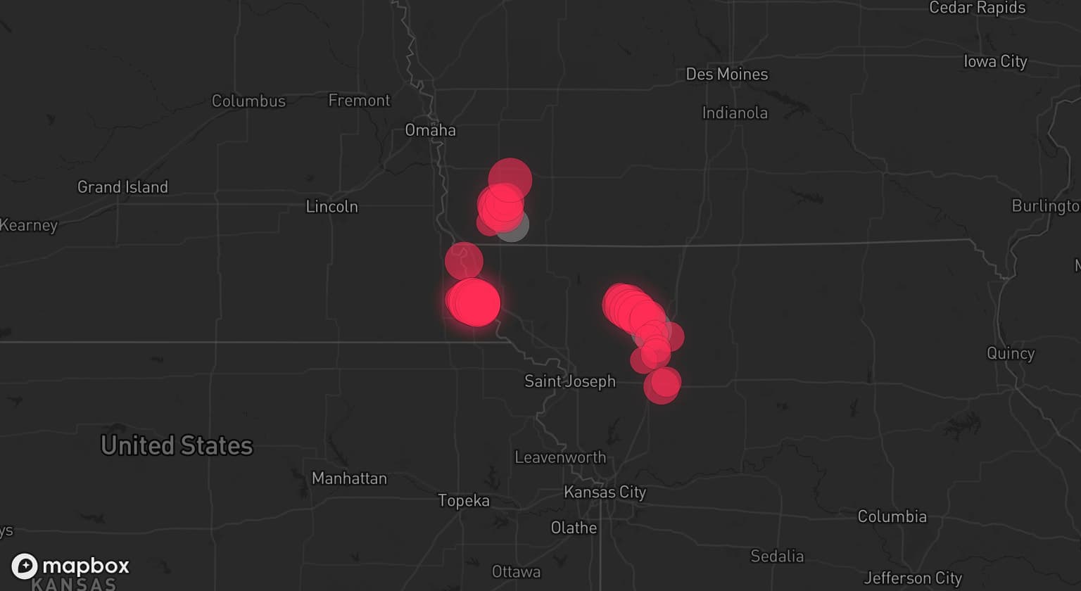 Storm map for 2 areas across Missouri and Iowa