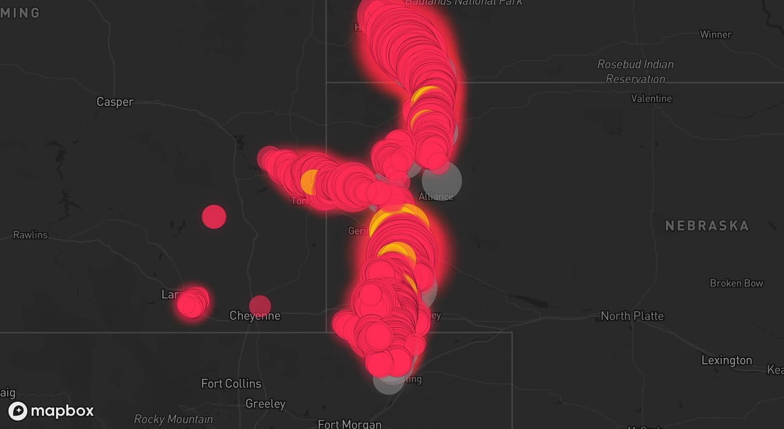 Storm map for 16 areas across South Dakota, Nebraska, Colorado, and Wyoming