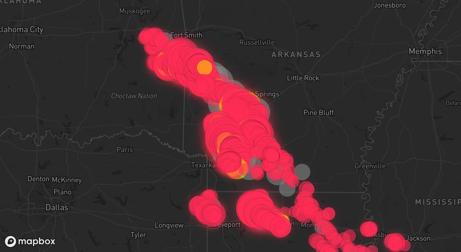 Storm map for 48 areas across Arkansas, Louisiana, Oklahoma, and Mississippi