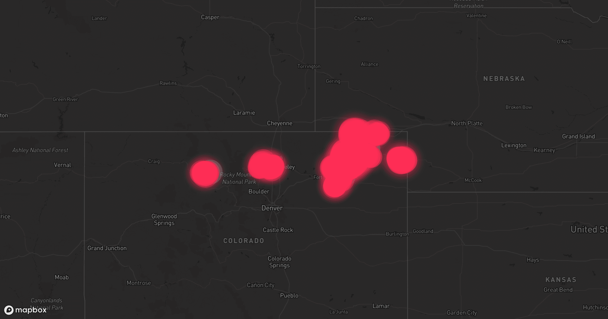 Storm map for 20 areas across Wyoming, Colorado, and Nebraska