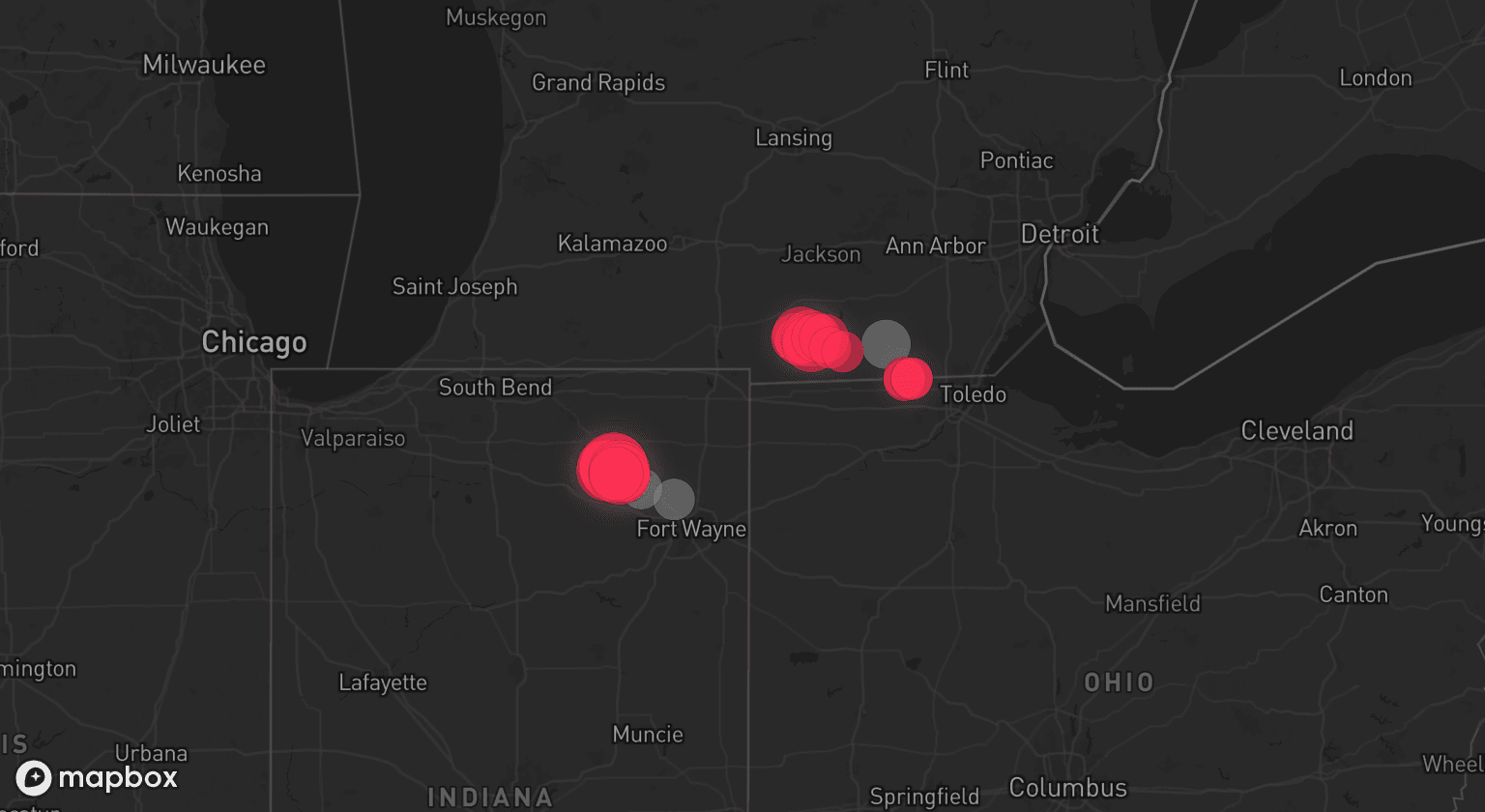 Storm map for 4 areas across Michigan and Indiana
