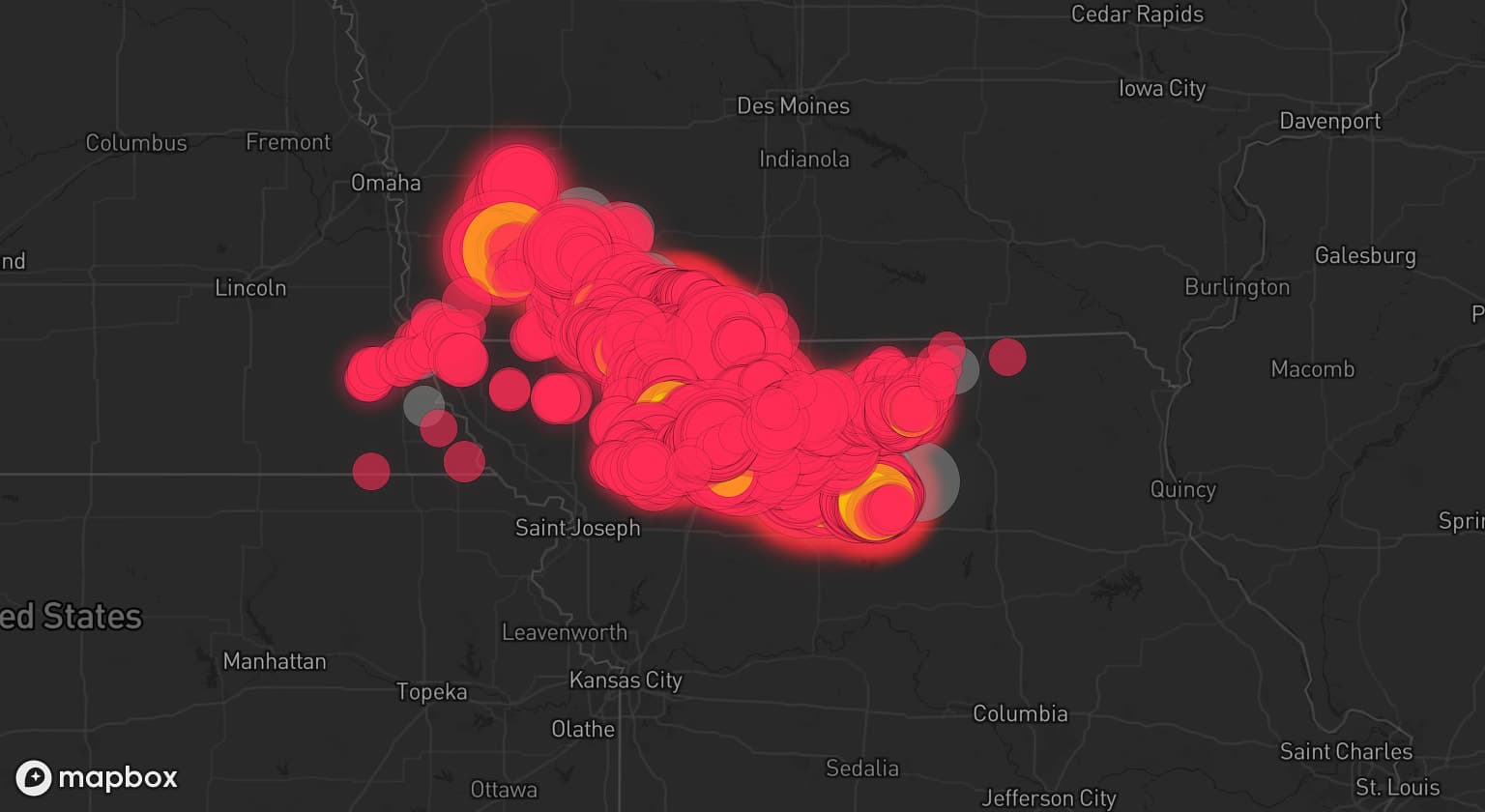 Storm map for 44 areas across Missouri, Iowa, and Nebraska