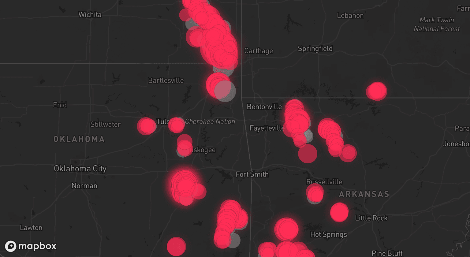 Storm map for 28 areas across Oklahoma, Kansas, and Arkansas