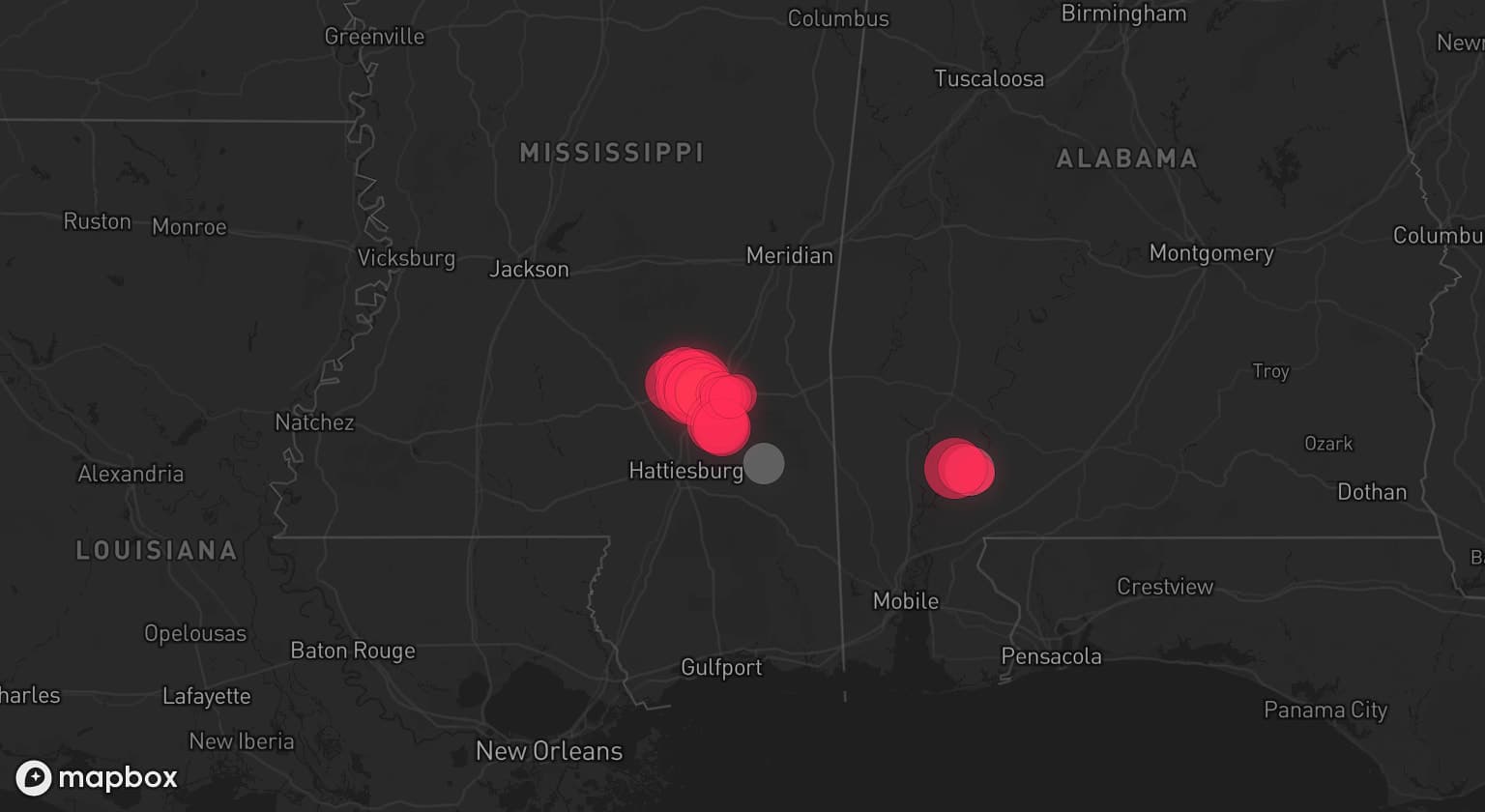 Storm map for 3 areas across Alabama and Mississippi
