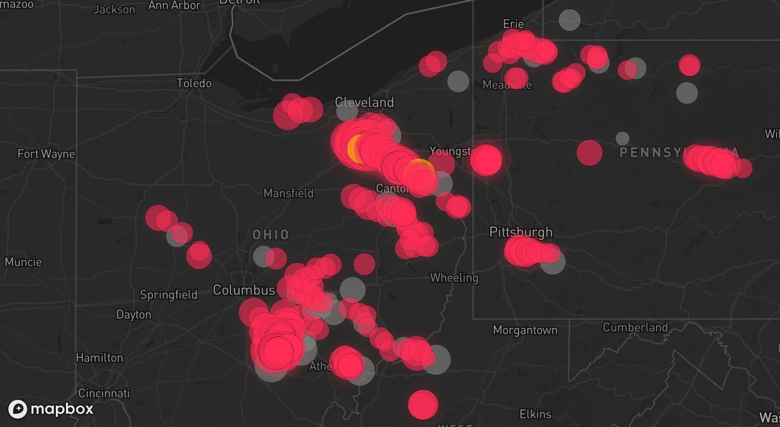 Storm map for 30 areas across Ohio, West Virginia, Pennsylvania, and New York