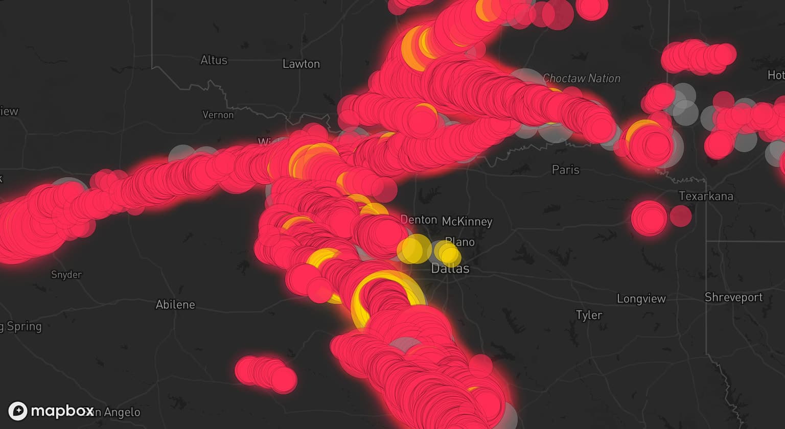 Storm map for 70 areas across Texas, Oklahoma, and Arkansas
