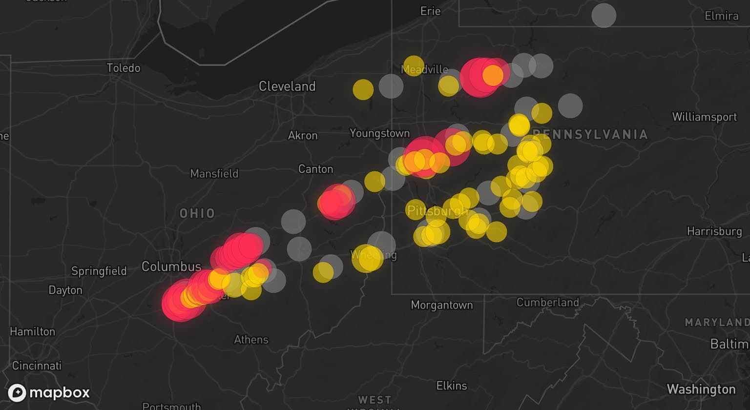 Storm map for 29 areas across Ohio, West Virginia, Pennsylvania, and New York