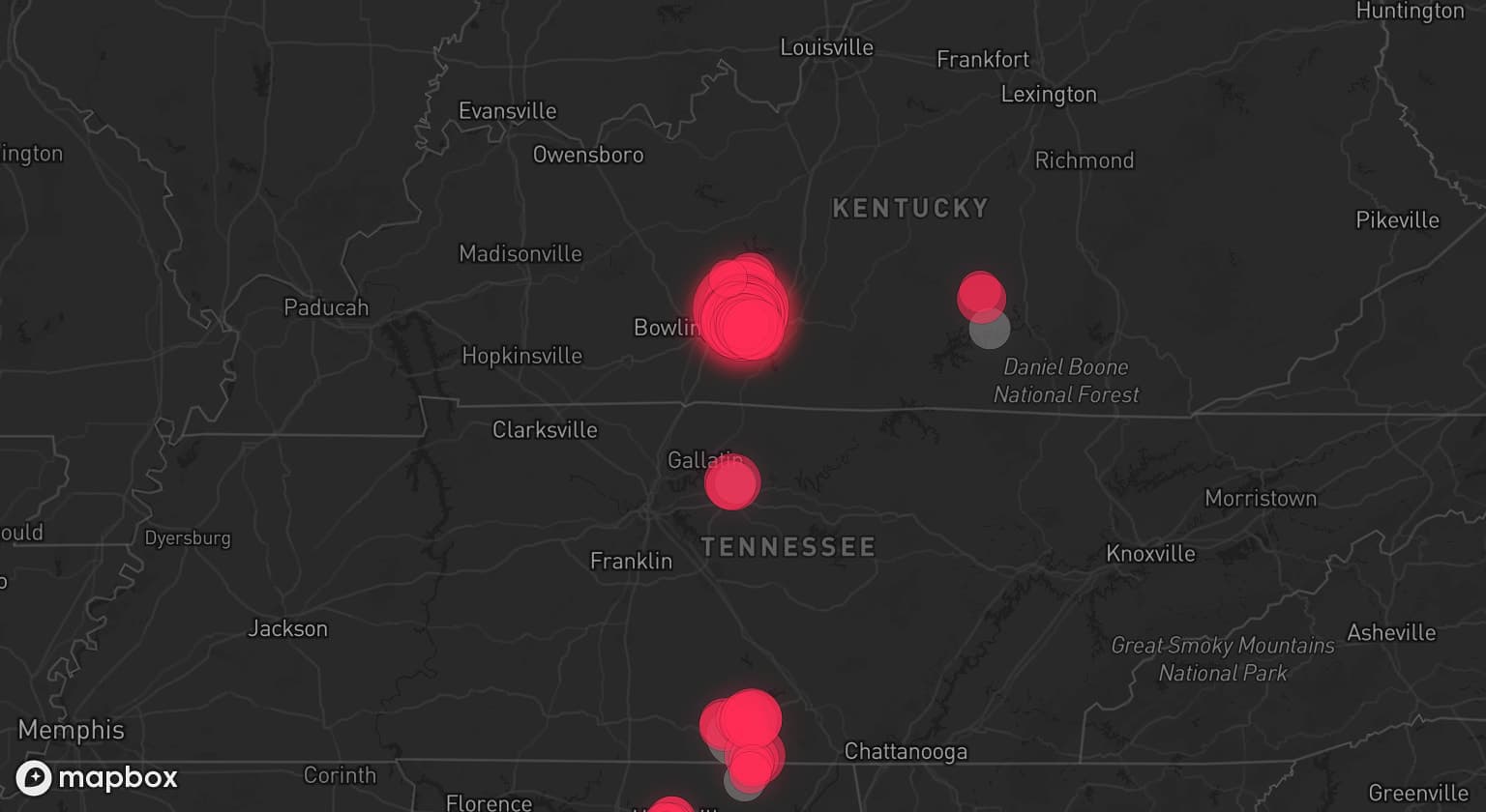 Storm map for 6 areas across Tennessee, Kentucky, and Alabama