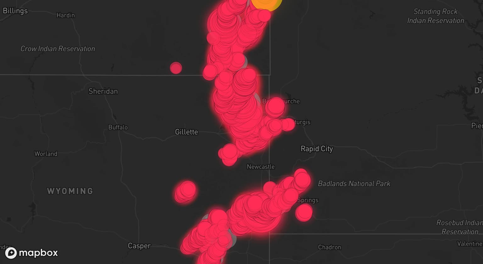 Storm map for 15 areas across Wyoming, South Dakota, Montana, and North Dakota