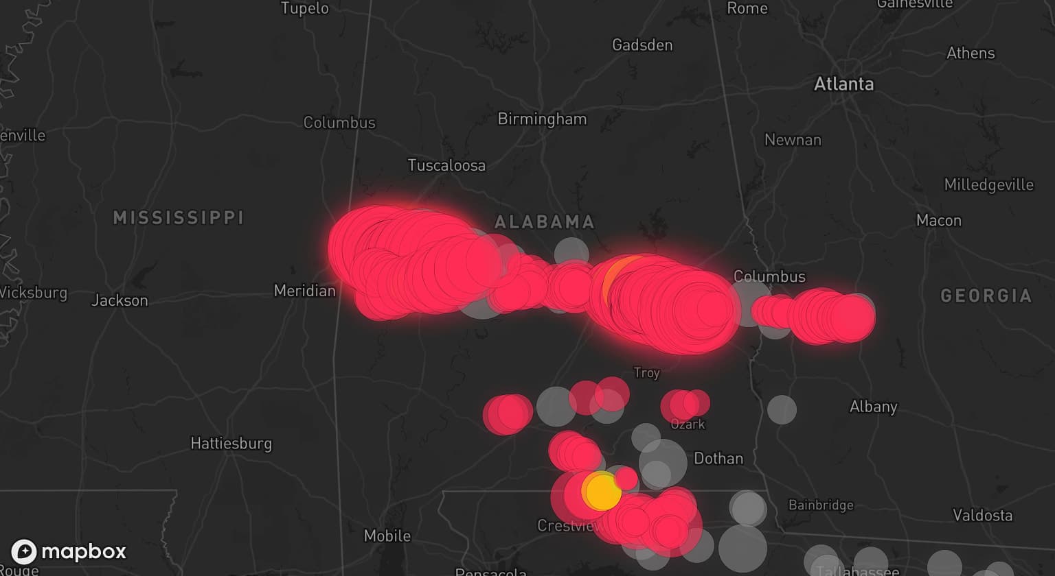 Storm map for 35 areas across Alabama, Florida, and Georgia