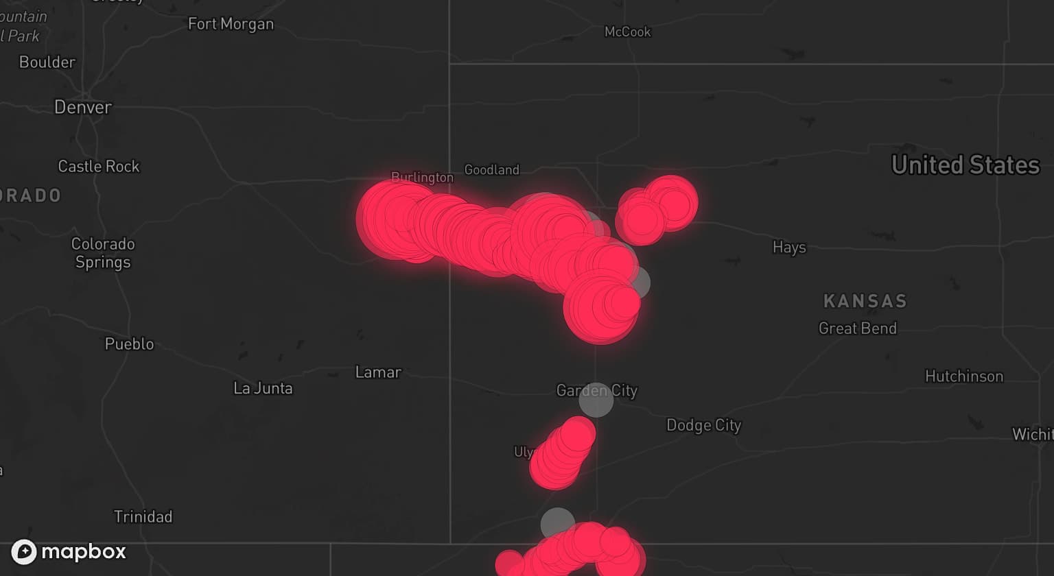Storm map for 14 areas across Kansas, Colorado, and Oklahoma