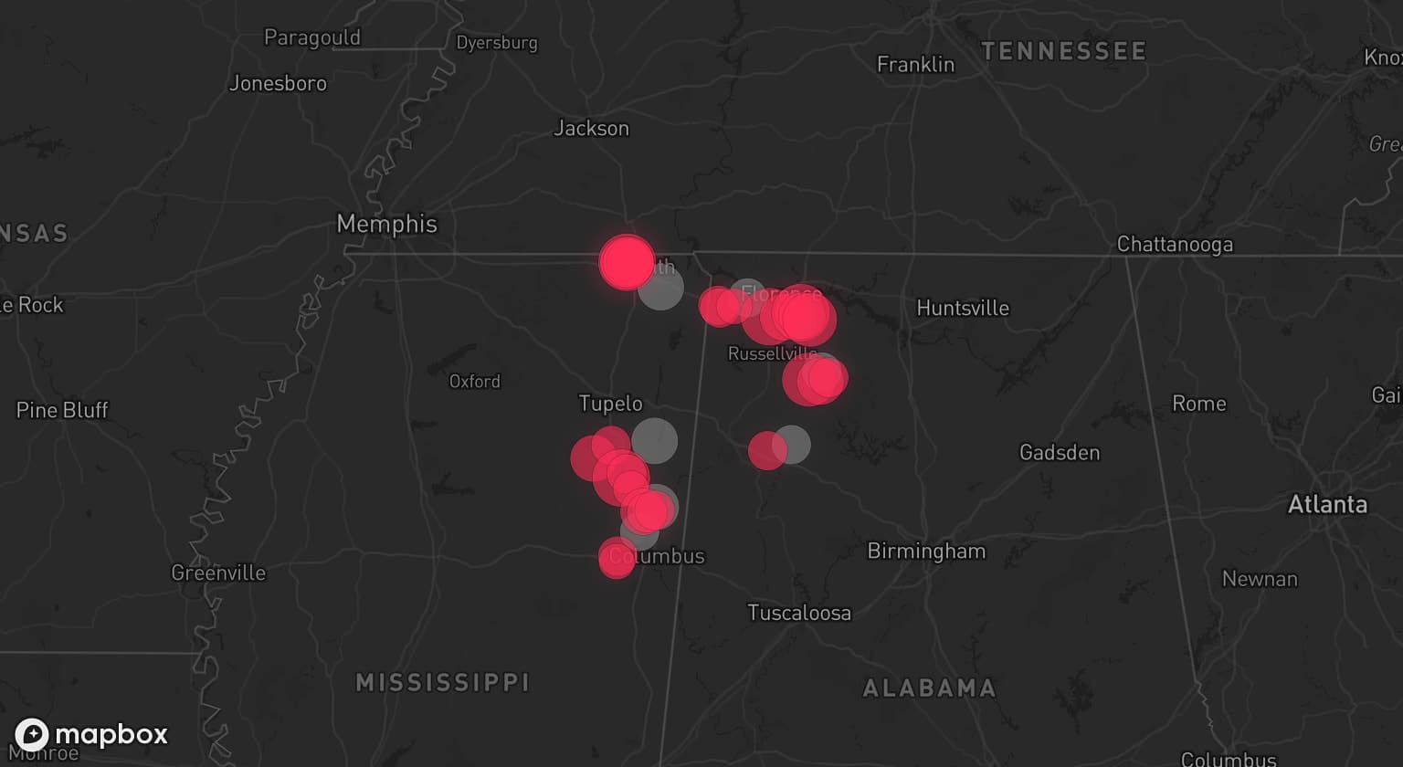Storm map for 8 areas across Mississippi and Alabama