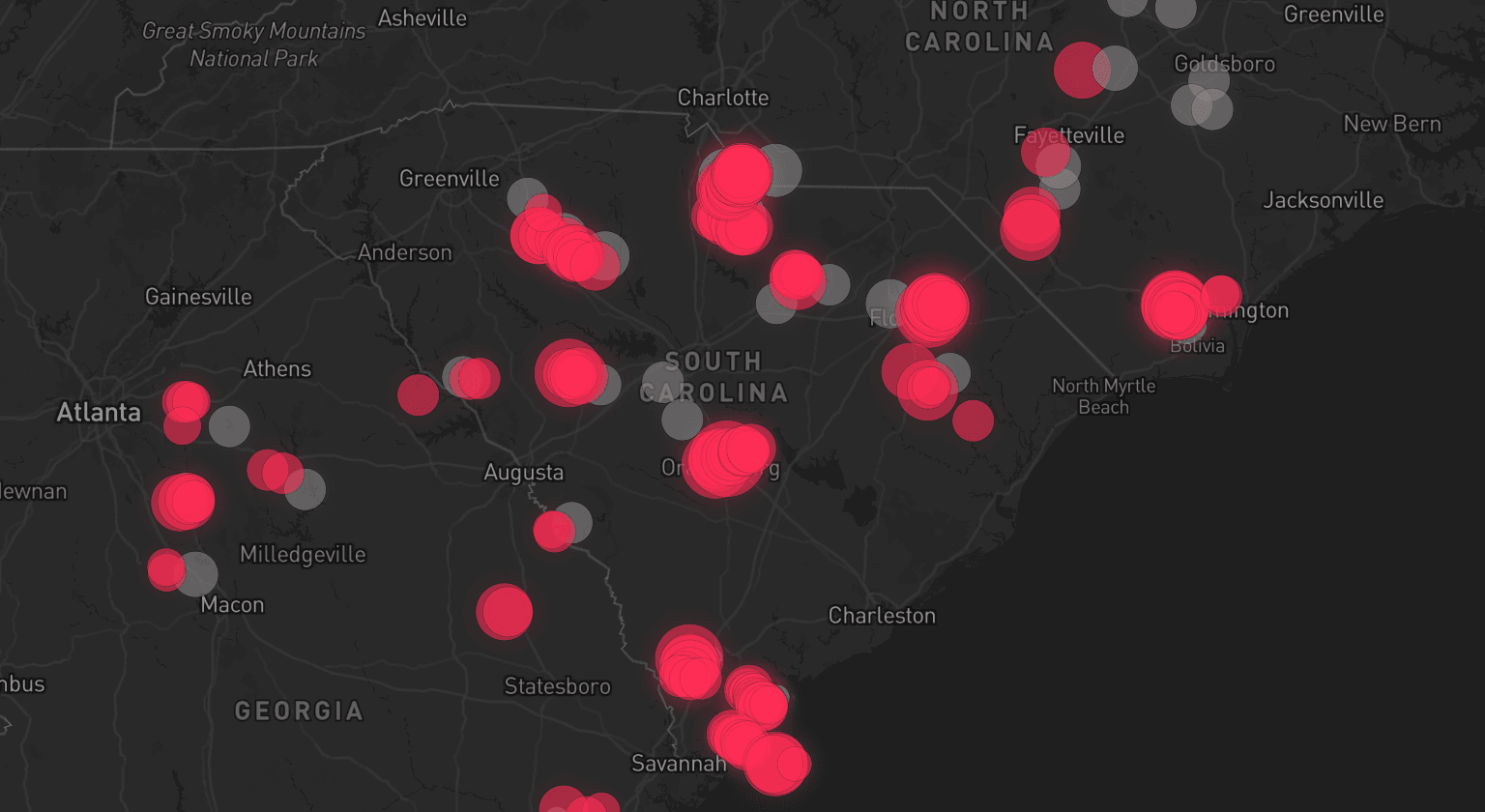 Storm map for 33 areas across South Carolina, North Carolina, and Georgia